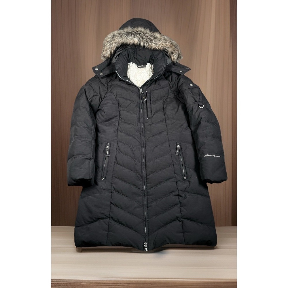 Eddie Bauer Sun Valley Goose Down Parka Women XS Graphite Hood Jacket Coat-EUC